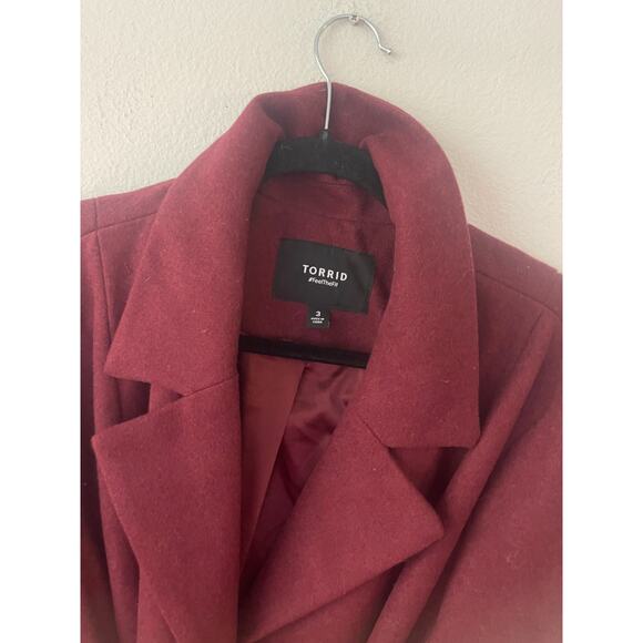 Torrid Trench Coat 3X Burgundy Red Wool Blend Tie Waist Jacket Long Plus - Picture 3 of 7